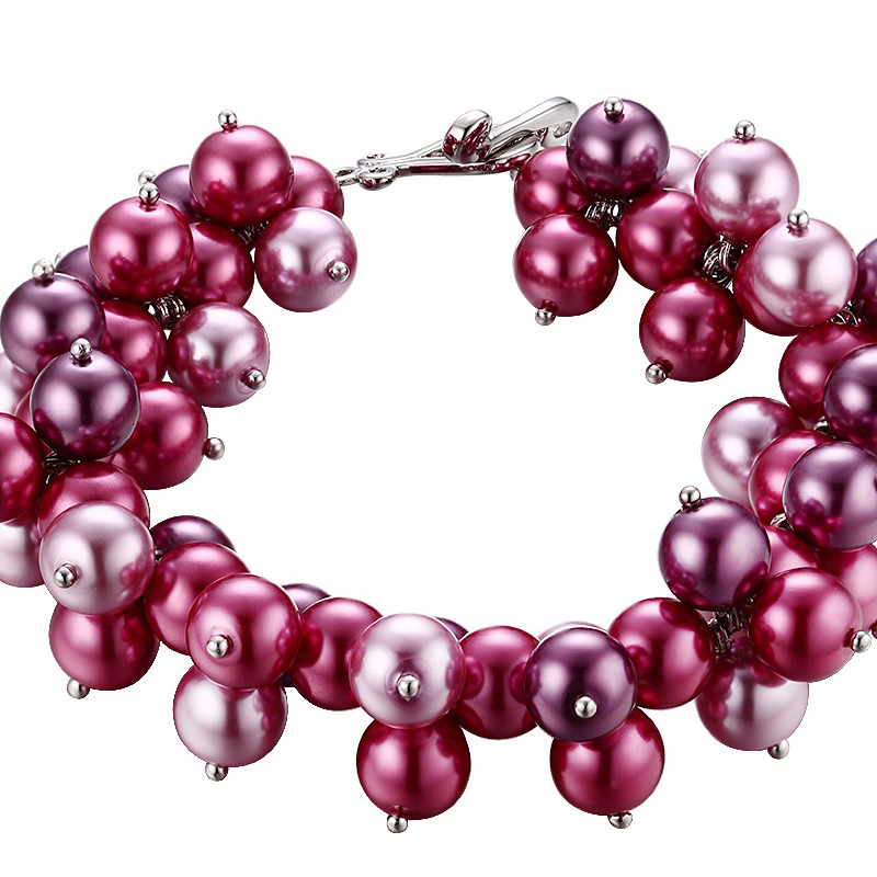 Bracelet Multi Perles Roses et Fushia et Plaqué Rhodium