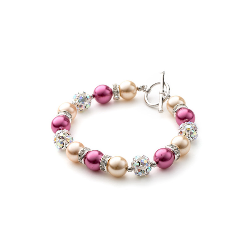 Bracelet 1 Rang en Perles Orange et Rose, Cristal et Plaqué Rhodium - vue 3