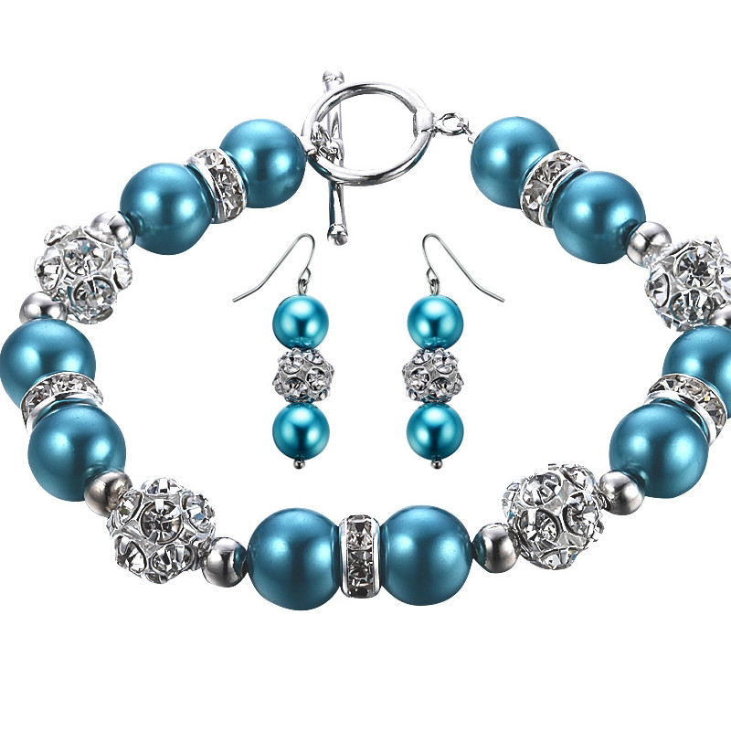 Parure Bracelet et Boucles d'oreilles Perles Bleues, Cristal et Plaqué Rhodium