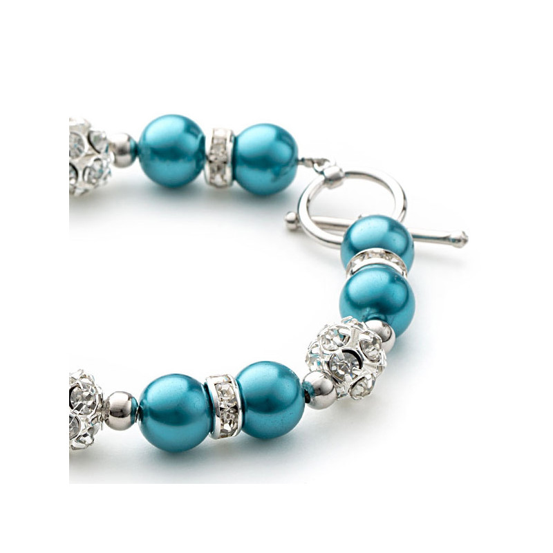 Parure Bracelet et Boucles d'oreilles Perles Bleues, Cristal et Plaqué Rhodium - vue 3