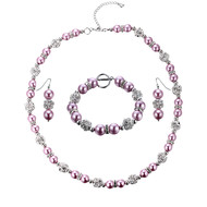 Parure Collier, Bracelet et Boucles d'oreilles Perles Roses, Cristal et Plaqué Rhodium