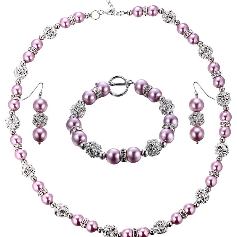 Parure Collier, Bracelet et Boucles d'oreilles Perles Roses, Cristal et Plaqué Rhodium