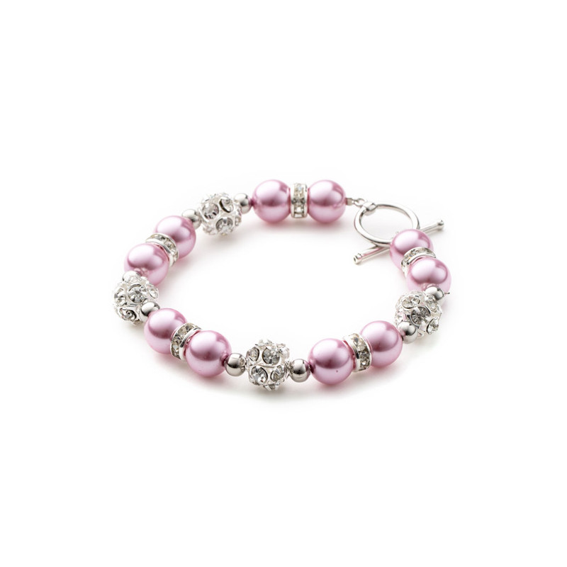 Parure Collier, Bracelet et Boucles d'oreilles Perles Roses, Cristal et Plaqué Rhodium - vue 2