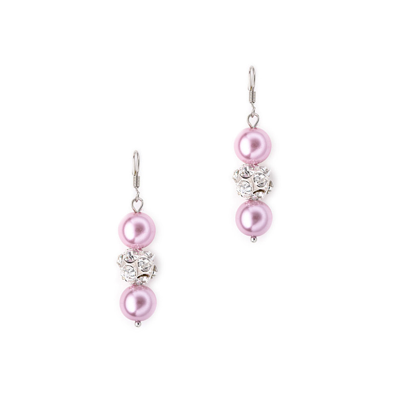 Parure Collier, Bracelet et Boucles d'oreilles Perles Roses, Cristal et Plaqué Rhodium - vue 3