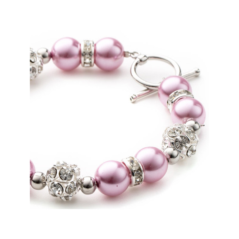 Parure Collier, Bracelet et Boucles d'oreilles Perles Roses, Cristal et Plaqué Rhodium - vue 4