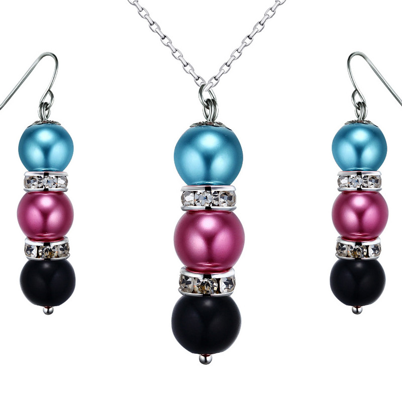 Parure Collier et Boucles d'oreilles Perles Multicolores, Cristal et Plaqué Rhodium