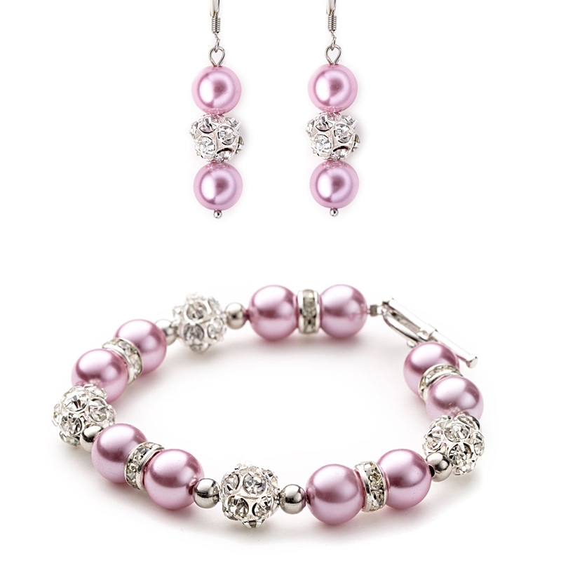 Parure Bracelet et Boucles d'oreilles en Perles Roses, Cristal