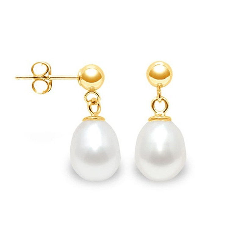 Boucles d'Oreilles Pendantes Perles de Culture Blanches et or jaune 750/1000