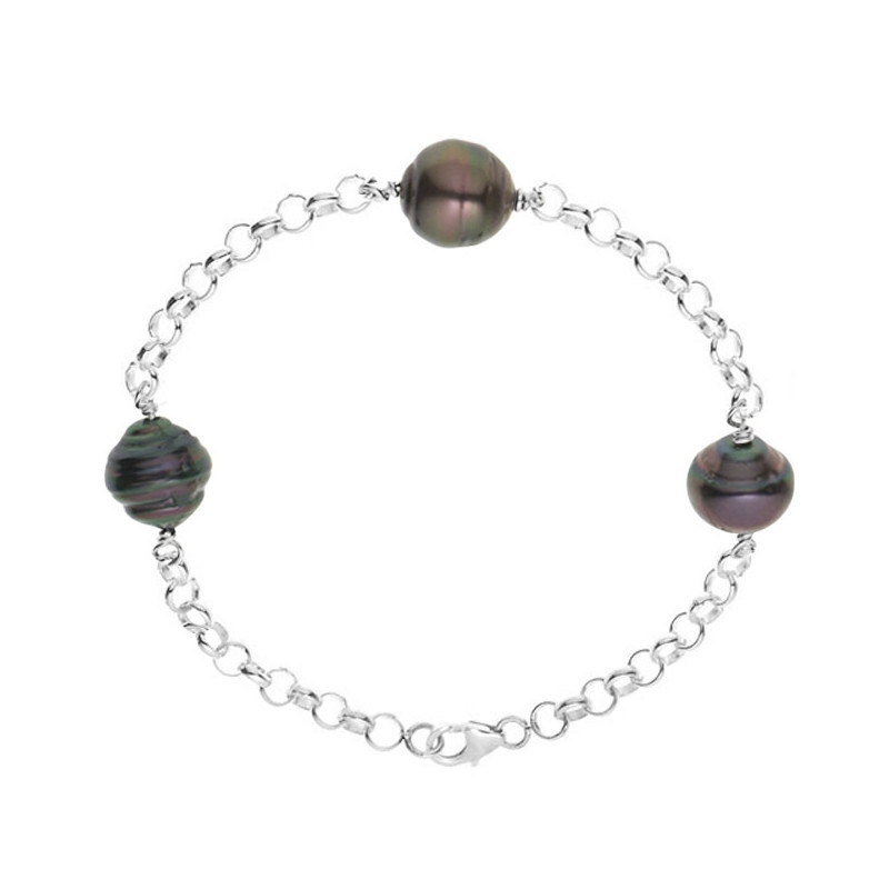 Bracelet Femme 3 Perles de Tahiti Cerclees noires 9 mm en Argent 925/1000