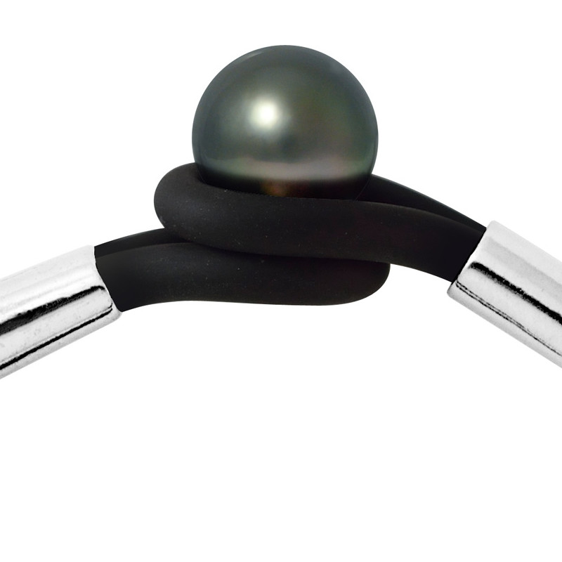 Bracelet Homme-Femme Néoprène Noir, Perle de Tahiti Noire de 10 mm et Argent Massif 925/1000 - vue 2
