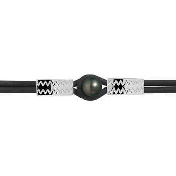 Bracelet Homme-Femme Vagues Néoprène Noir, Perle de Tahiti Noire de 10 mm et Argent Massif 925/1000
