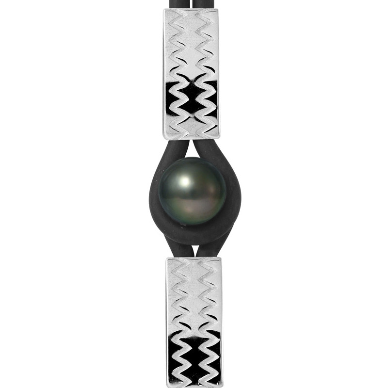 Bracelet Homme-Femme Vagues Néoprène Noir, Perle de Tahiti Noire de 10 mm et Argent Massif 925/1000 - vue 2