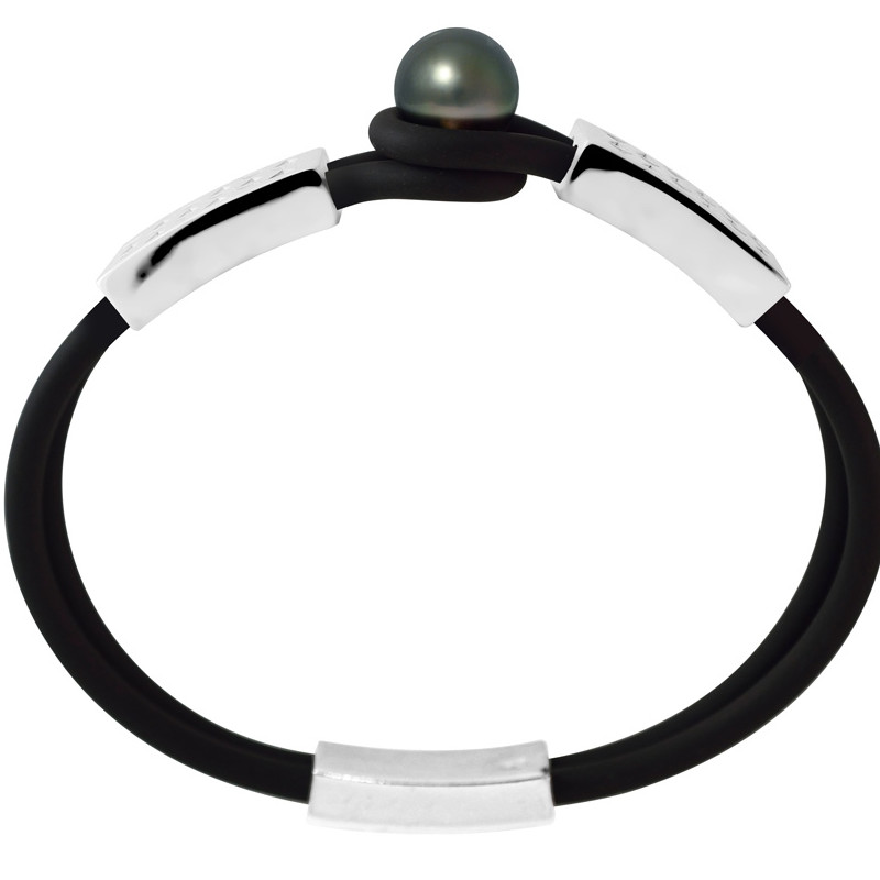 Bracelet Homme-Femme Vagues Néoprène Noir, Perle de Tahiti Noire de 10 mm et Argent Massif 925/1000 - vue 3