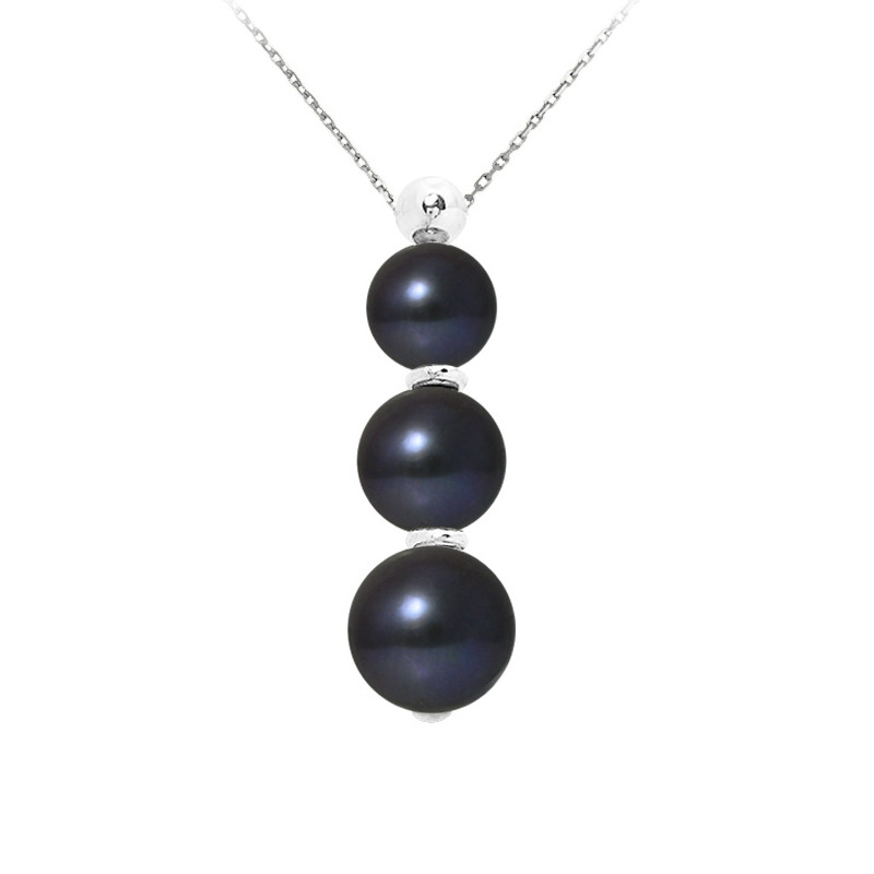 Collier Femme en Argent Massif 925/1000 et 3 Perles de Culture d'eau douce Noires