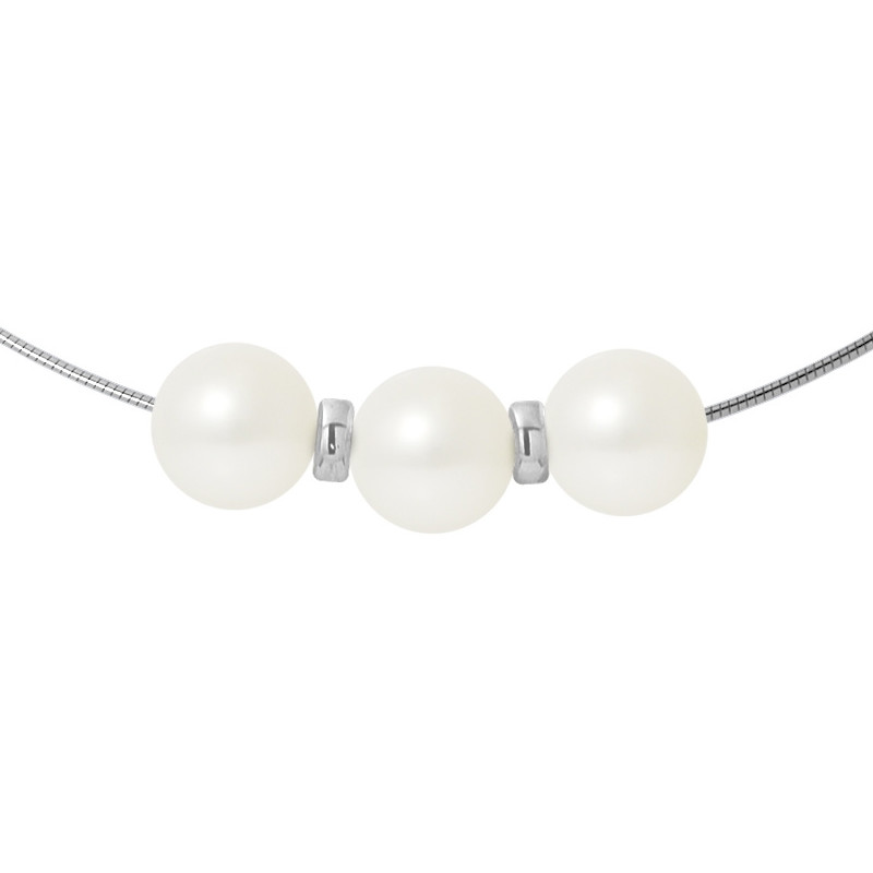 Collier Femme Cable en Argent Massif 925/1000 et 3 Perles de Culture d'eau douce Blanches