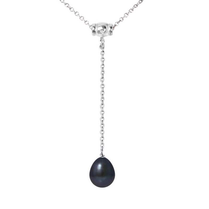 Collier Femme en Argent Massif 925/1000 et Perle de Culture d'eau douce Noire