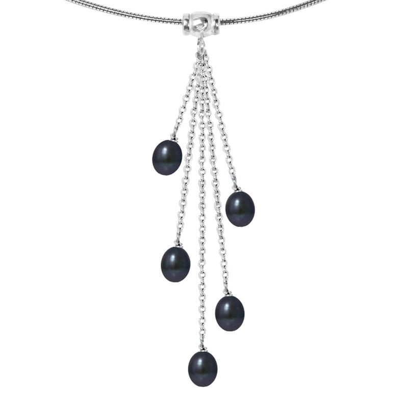 Collier Femme en Argent Massif 925/1000 et 5 Perles de Culture d'eau douce Noires