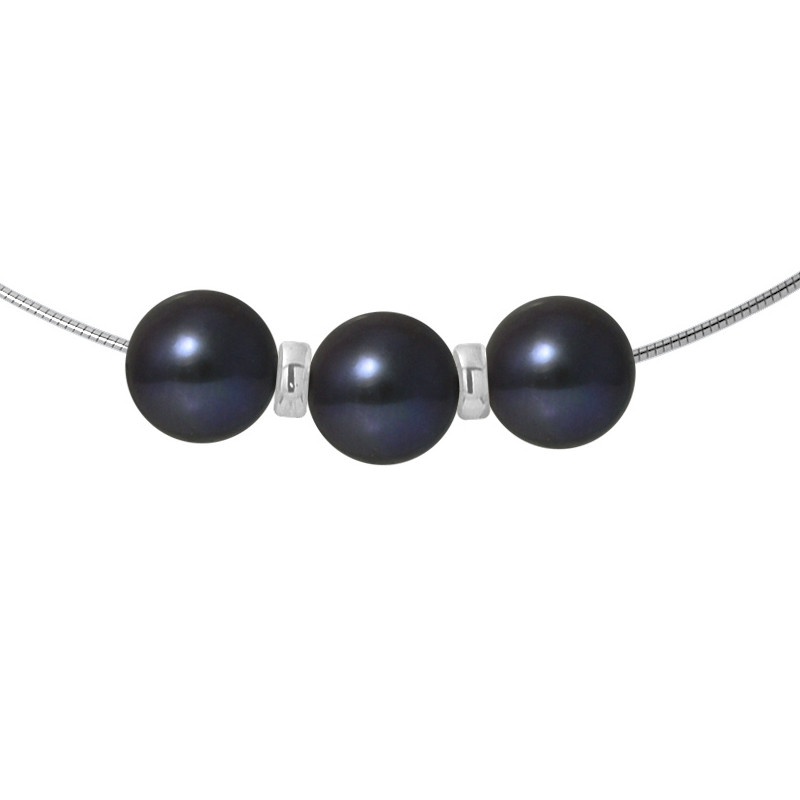 Collier Femme Cable en Argent Massif 925/1000 et 3 Perles de Culture d'eau douce Noires