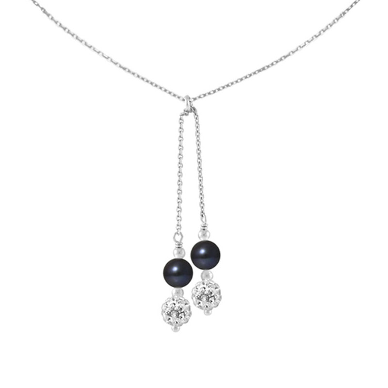 Collier Femme en Argent Massif 925/1000 et 2 Perles de Culture d'eau douce Noires et Cristal Blanc