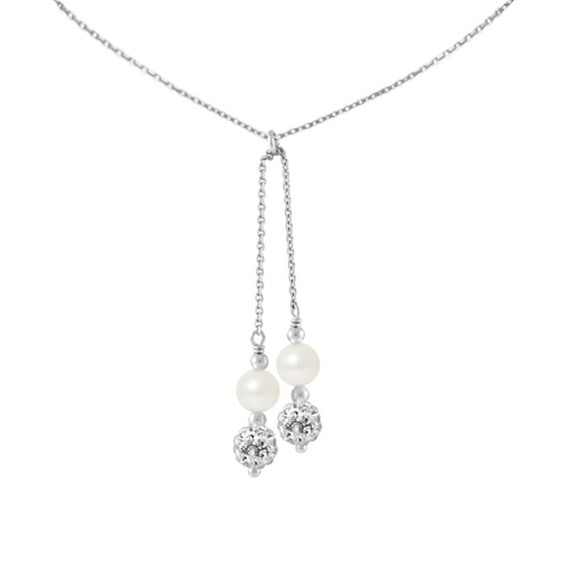 Collier Femme en Argent Massif 925/1000 et 2 Perles de Culture d'eau douce Blanches et Cristal Blanc