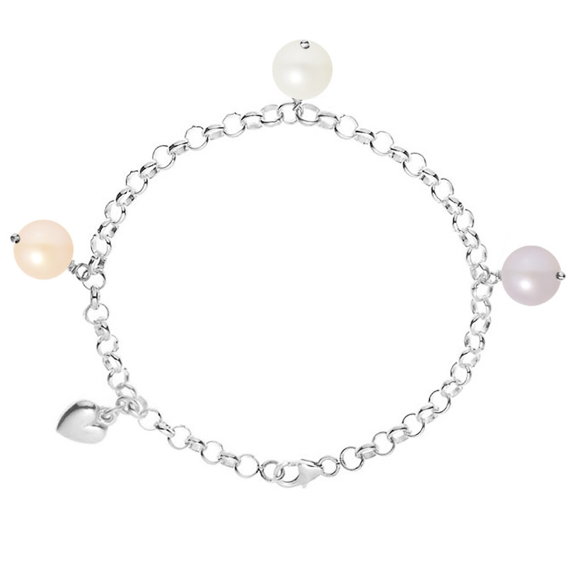 Bracelet Coeur Perle de culture d'eau douce Blanche, Peche et Lavande et Argent 925
