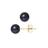 Boucles d'Oreilles Perles de Culture d'eau douce Noires 7.5 mm et or jaune 750/1000