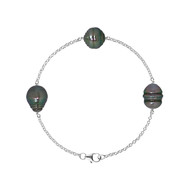 Bracelet 3 Perles de Tahiti Cerclées 9 mm en Argent 925/1000