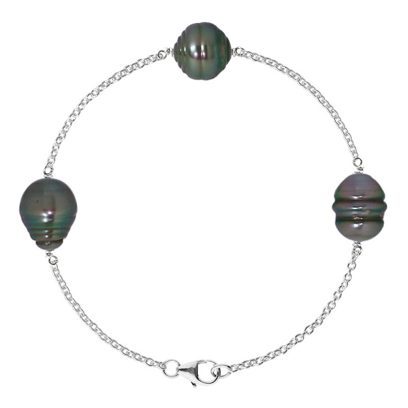 Bracelet 3 Perles de Tahiti Cerclées 9 mm en Argent 925/1000