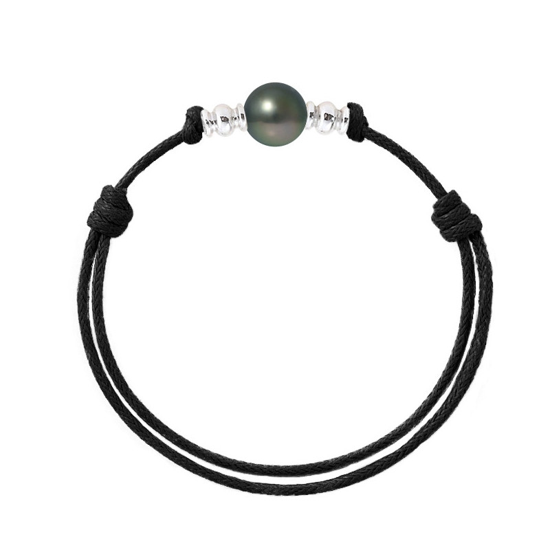 Bracelet Ajustable Perle de Tahiti 9 mm, en Argent Massif 925/1000 et Coton Ciré Noir