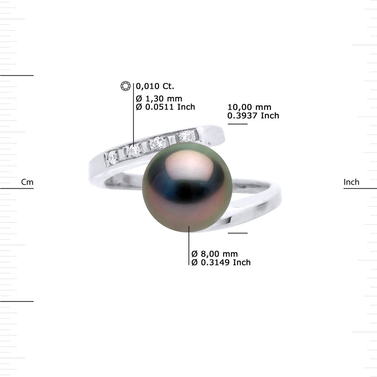 Bague Diamants 0,04 Cts et Perle de Tahiti Ronde 8-9 mm Or Blanc - vue 3