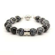 Bracelet homme perles obsidienne noir gris et inox