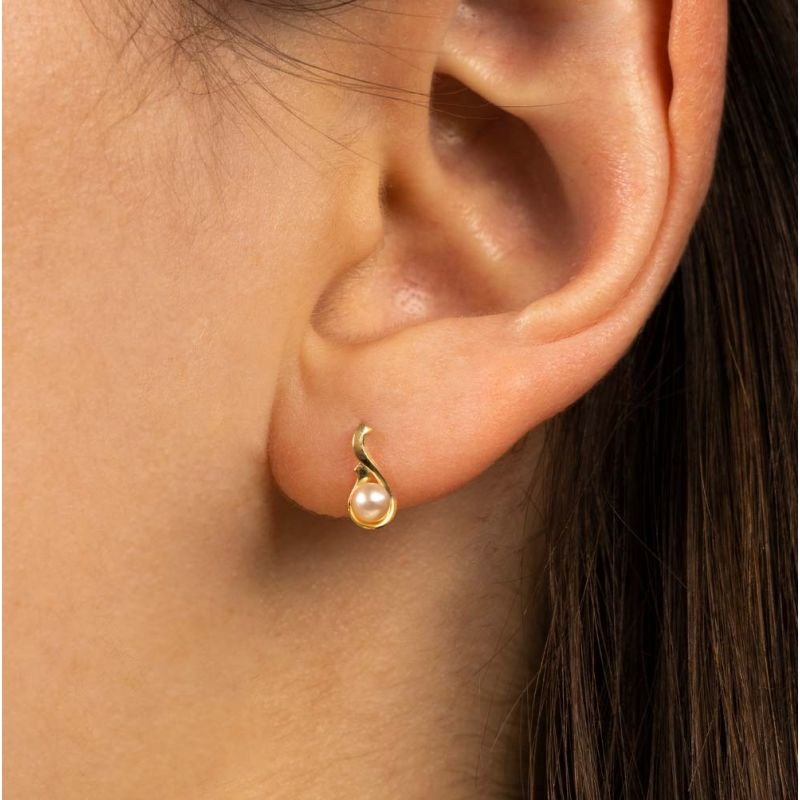 Boucles d'oreilles or jaune et Perles de culture blanches 'Goutte Perlée' - vue 2