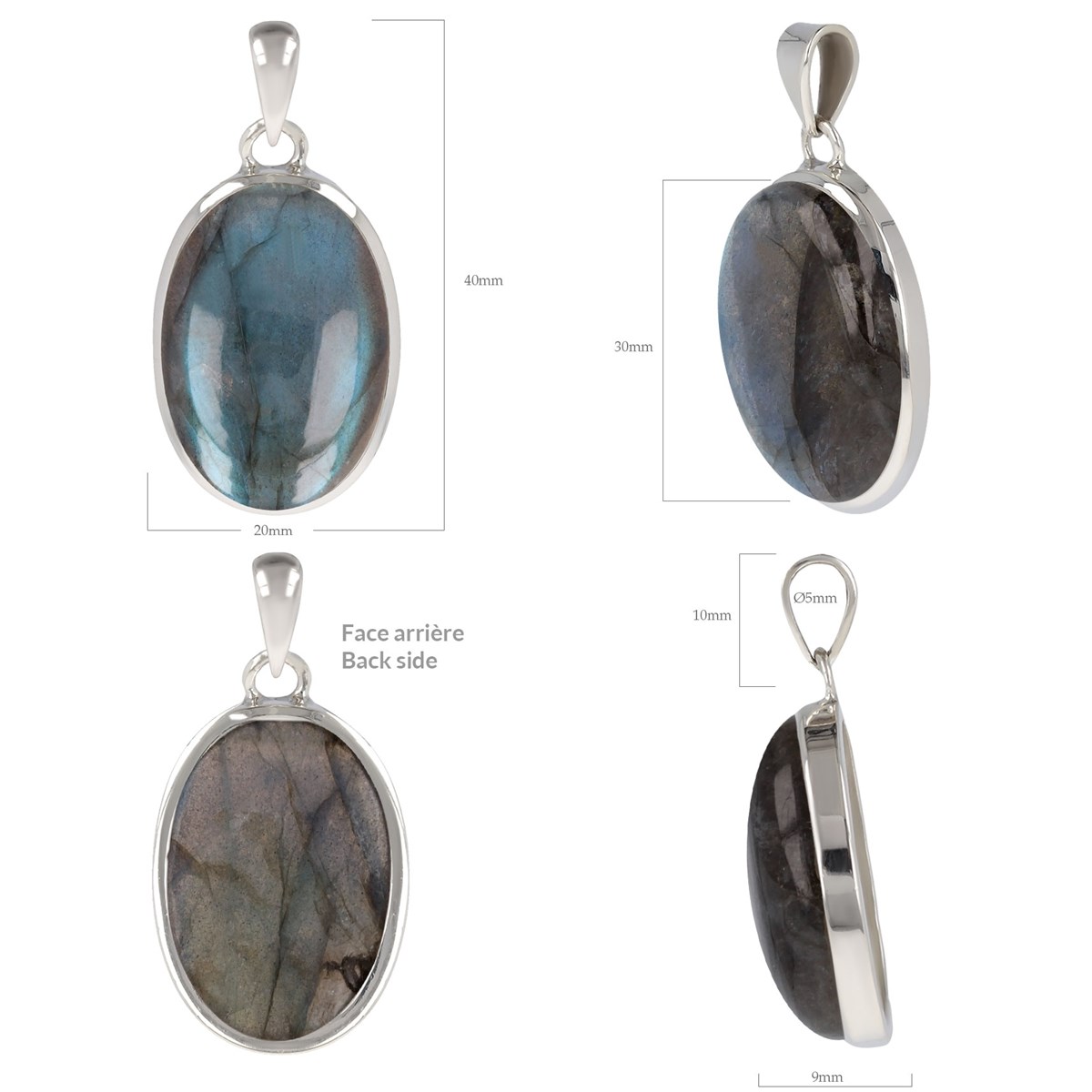 Pendentif en belle pierre de Labradorite forme ovale sertissage d'argent - vue 3