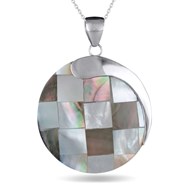 Pendentif -Médaillon Nacre Mosaique Argent-Femme -Bleu Vert-Diamètre 30mm