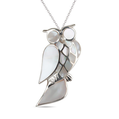 Idée de Idée cadeau de Noël Pendentif-Broche - argent 925 000ème -Femme-Nacre-Blanc-Hibou-Dimension 43mm - vue V1