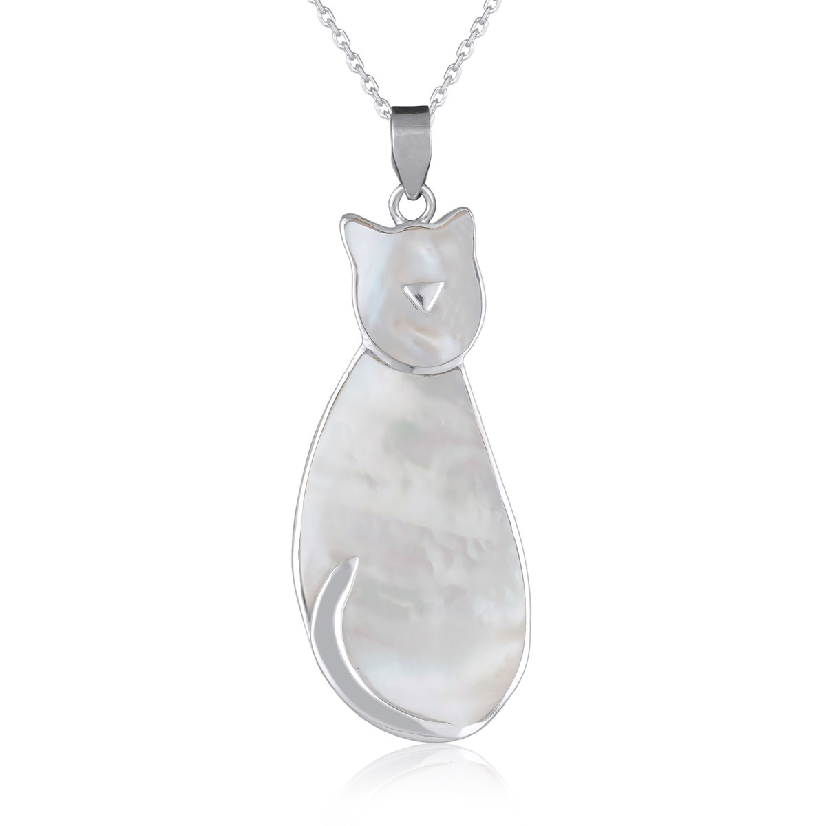 Pendentif de nacre blanche sertie d'argent en forme de chat