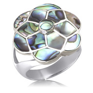 Bague en Nacre abalone motif de Fleur sur anneau d'argent