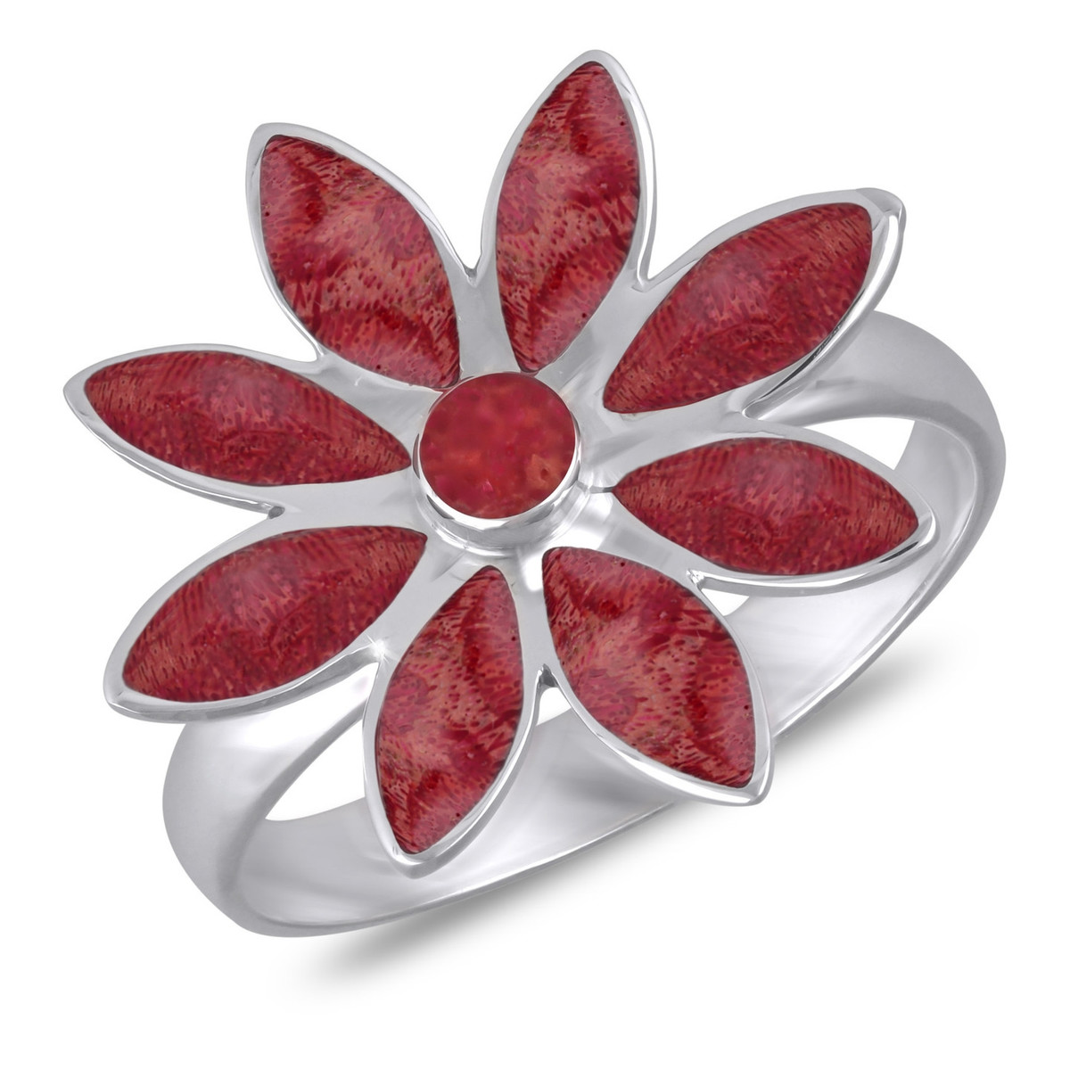 Bague Dessin Naif Fleur De Corail Sur Anneau Réglable D Argent Massif - 