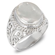 Bague cadeau nacre blanche et collerette en argent 925-000 et arabesques sur les côtés de l'anneau