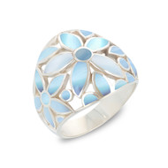 Bague-Nacre bleutée-Motif Fleurs-Argent massif-Femme