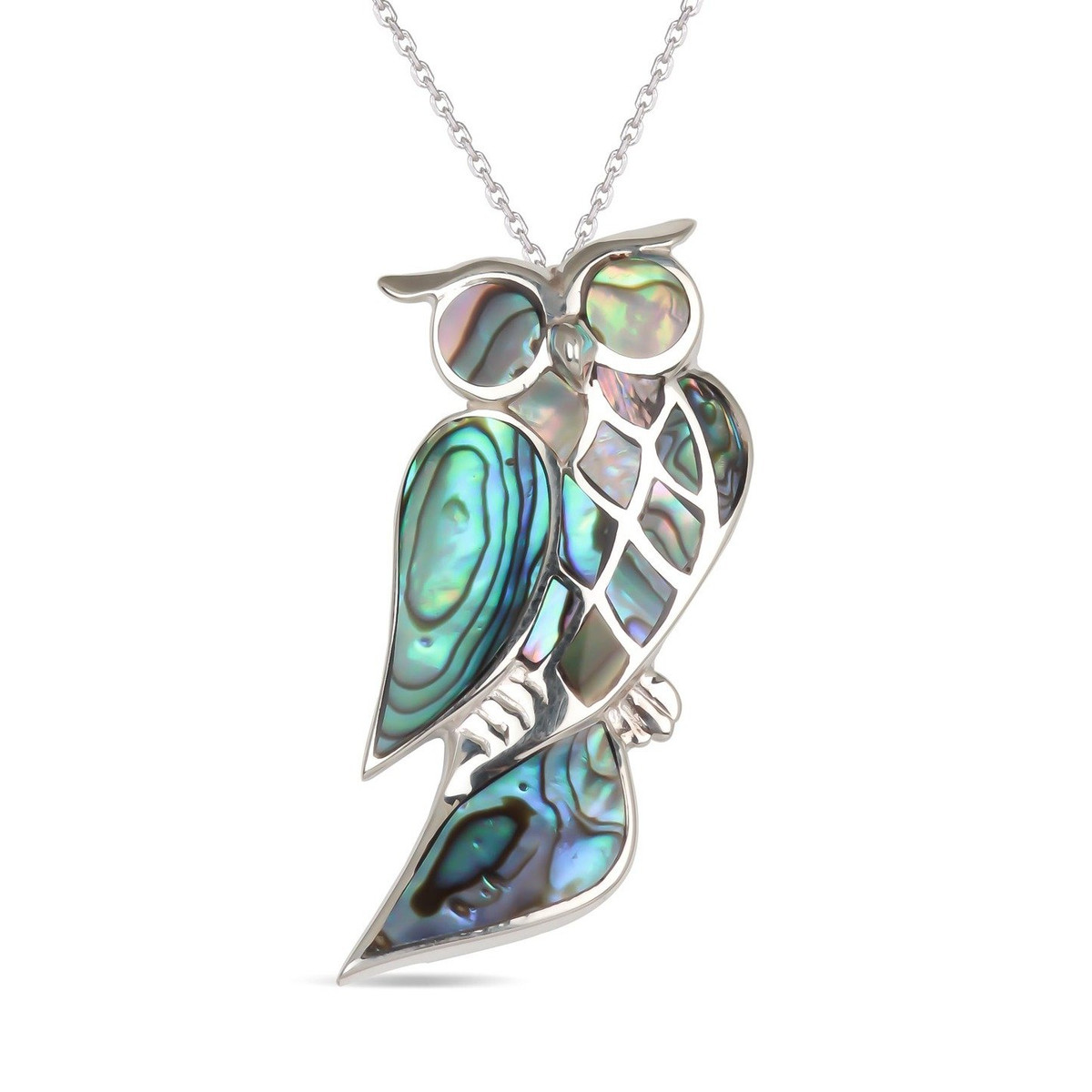 Pendentif-Broche - argent 925 000ème -Femme-nacre abalone naturelle-Vert-Hibou-Dimension 48 mm - vue V1