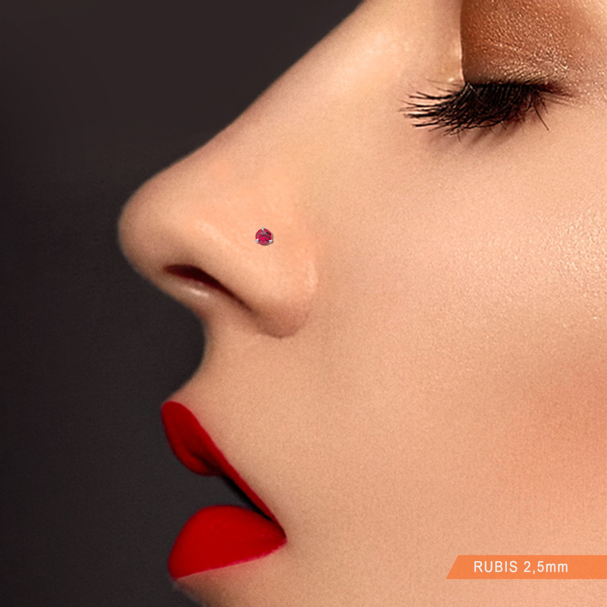 Piercing de nez rubis en or blanc barre en U - vue 2