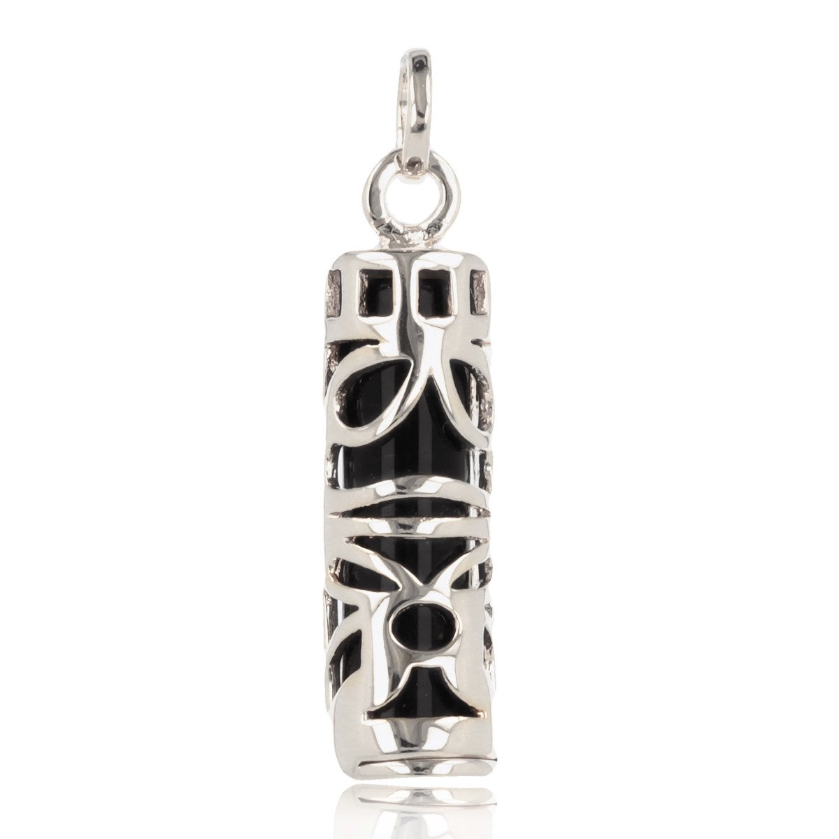 Pendentif argent rhodié tiki porte bonheur tahitien avec onyx