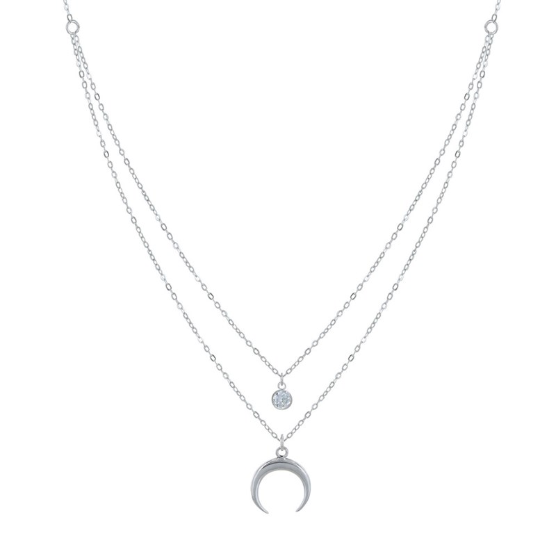 Collier Double Chaine Argent 925 Croissant de Lune et Zirconia - Blanc