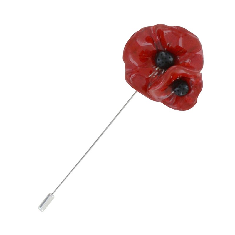 Broche Deux Coquelicots Céramique Rouge Métal Argenté - vue V1
