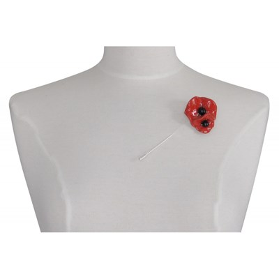Broche Deux Coquelicots Céramique Rouge Métal Argenté - vue V2