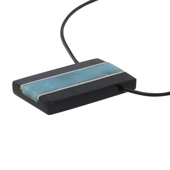 Collier Homme Cordon Noir Rectangle Corne Noir et Larimar