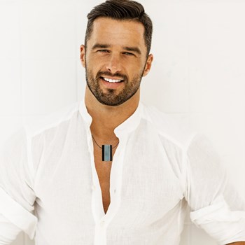 Collier Homme Cordon Noir Rectangle Corne Noir et Larimar