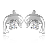 Boucle d'oreille argent rhodié dauphin avec cubic zirconia