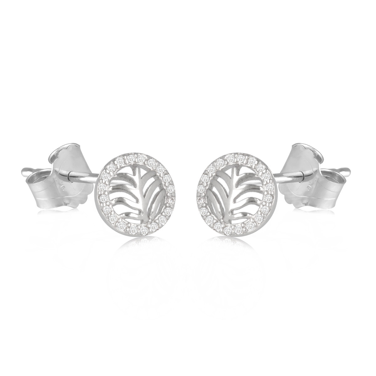 Boucles d'oreille argent rhodié forme ronde et feuilles de palmier avec cubic zirconia